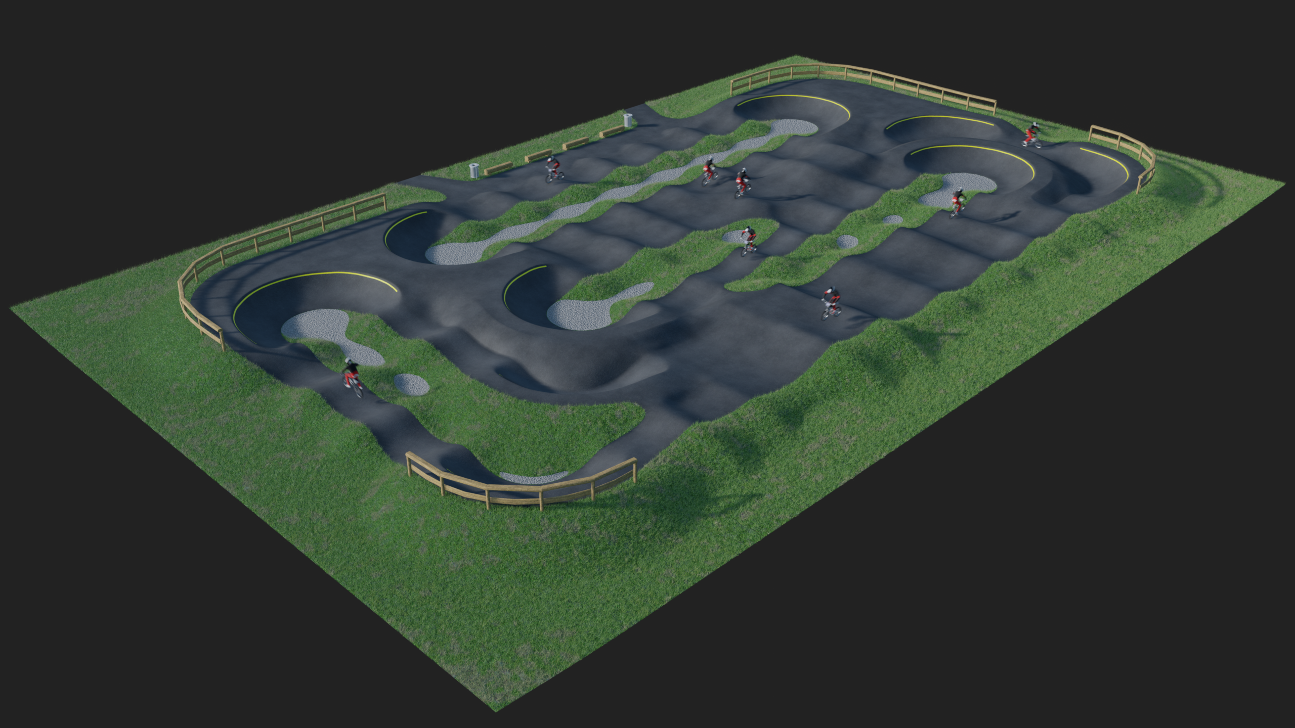 Finished dirt pump track set into a green landscape
