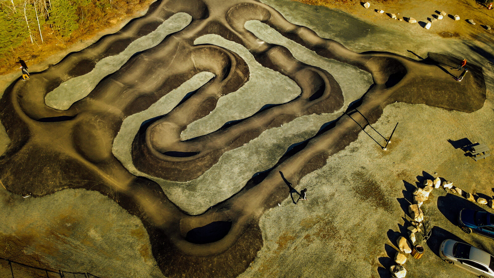 Aerial view of a completed asphalt pump track